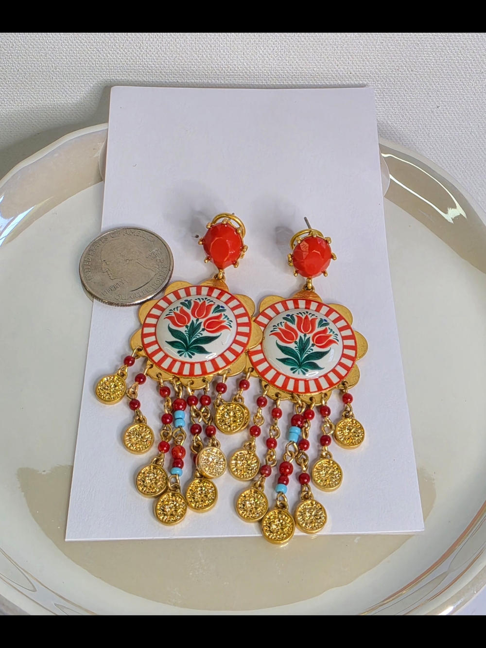 Zara Gold-Tone Red Orange  Floral Coin Drop Earrings - Picture 3 of 4